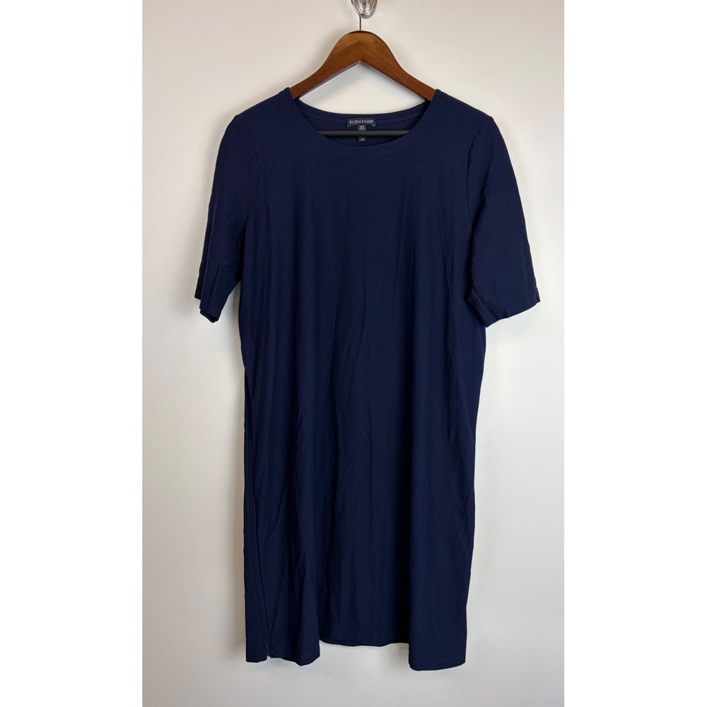 Eileen Fisher Shift Dress Large Navy Blue Side Zip Short Sleeve Stretch Crepe
